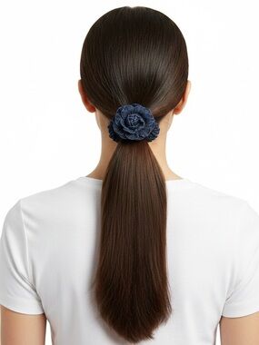 Navy Blue Fabric Flower Denim Chambray Dark Wash Retro 2" Scrunchie Hair Tie